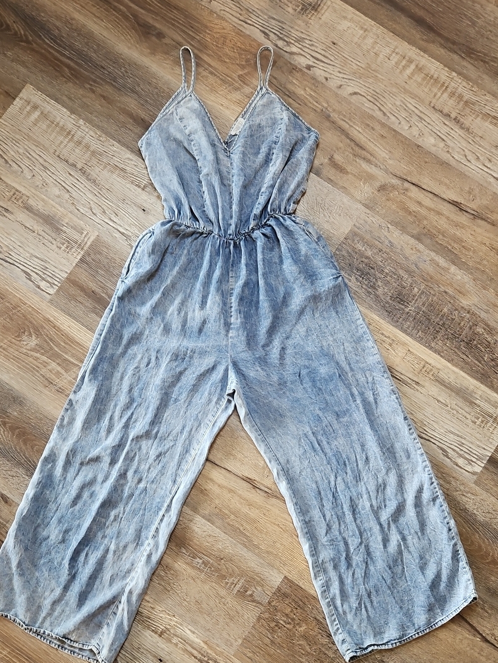 Washed Light Blue Denim Jumpsuit with Spaghetti Straps